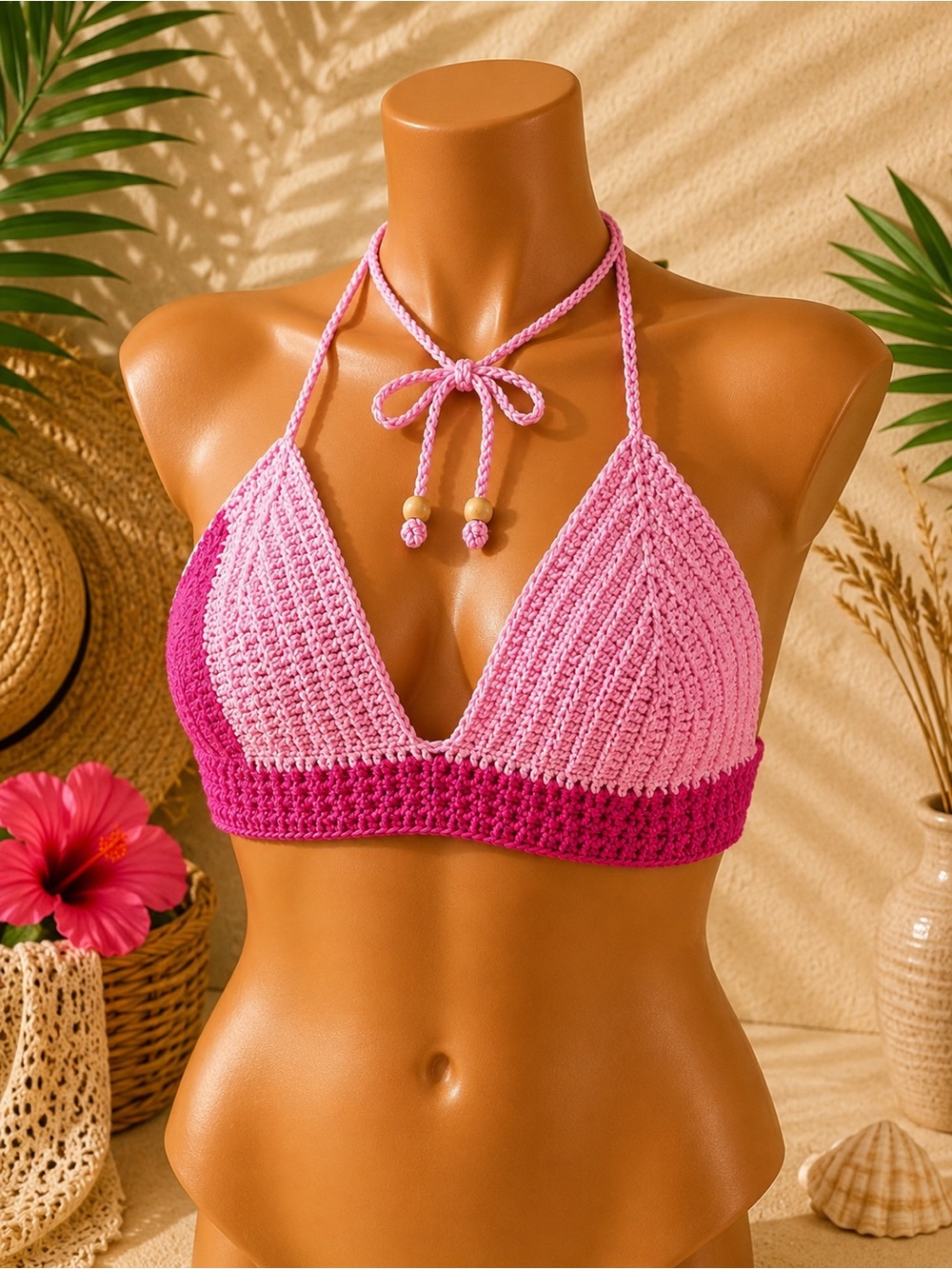 Women’s Crochet Halter Bikini Top - Pink Two-Tone